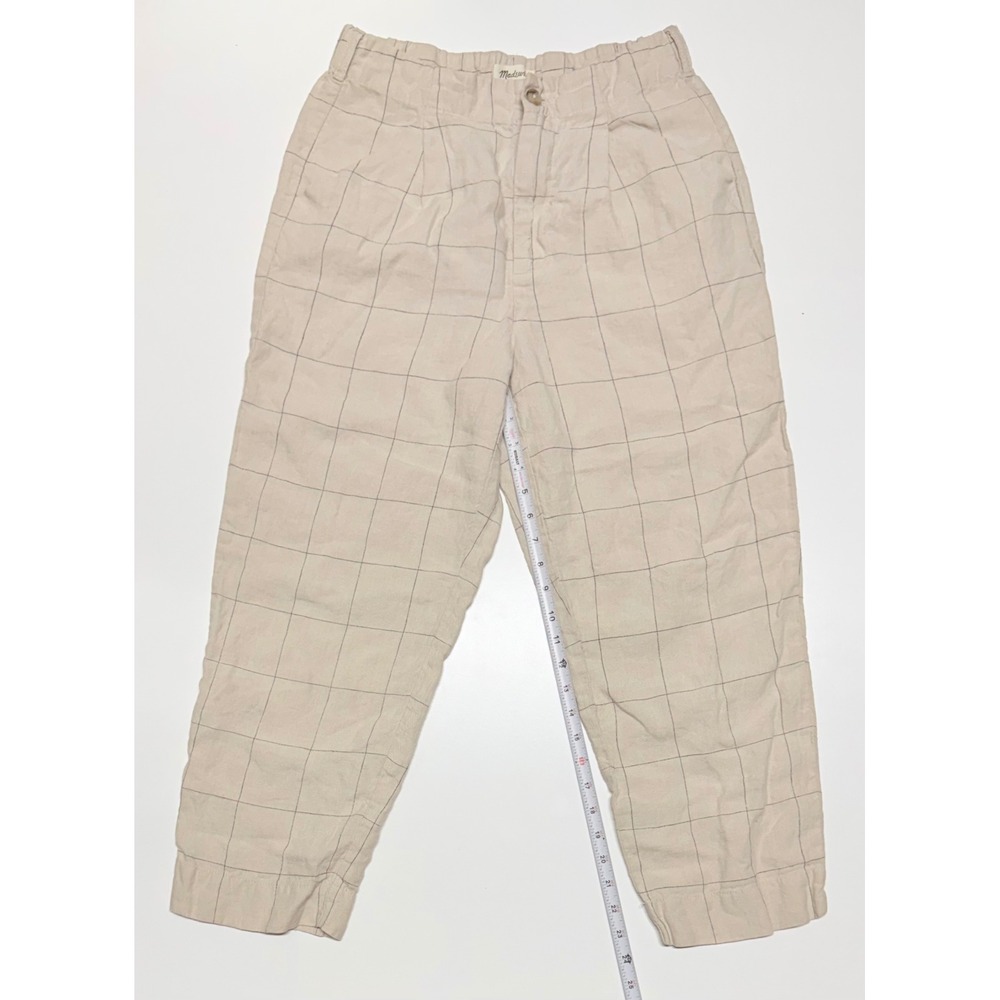 Madewell Linen Windowpane Plaid Pull-On Pleated Tapered Pants Beige 4